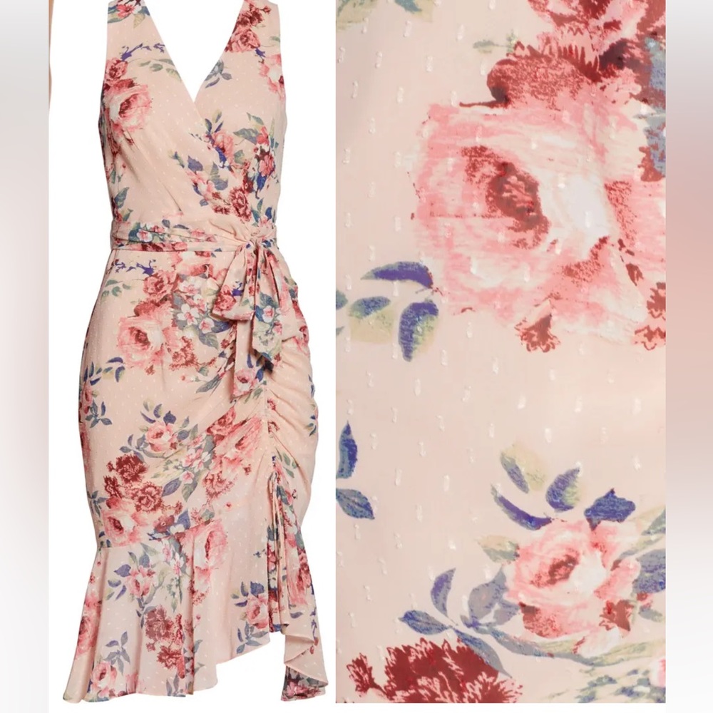 Eliza J Pink Blush Floral Ruched Chiffon Faux Wrap Dress - bought NWT, worn once